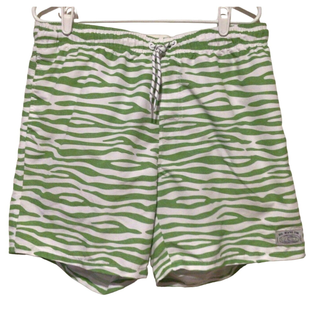 Shein Big Wave Fun Surf Club Men’s Swim Trunks Green Zebra Stripe Size XL Shorts